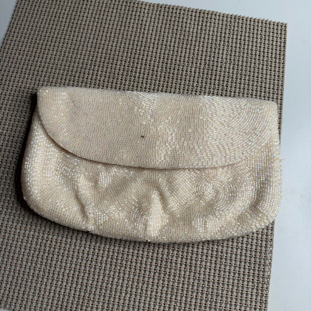 Vintage Japan Iridescent Beaded Clutch Cream Evening Bag Wedding Formal
